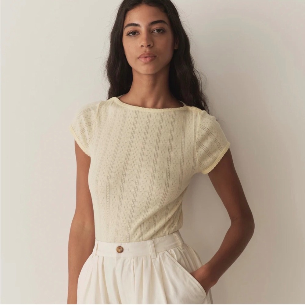 DÔEN Pauline Tee M Creme Citron Yellow Pointelle Organic Cotton Boat Neck Dainty